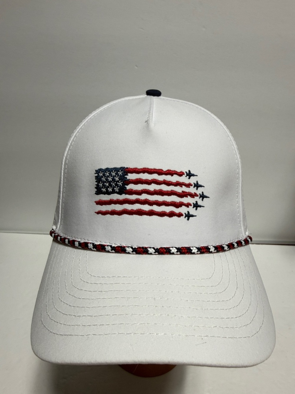 Birdieboss USA White Baseball Cap with Embroidered American Flag and Jet Motif